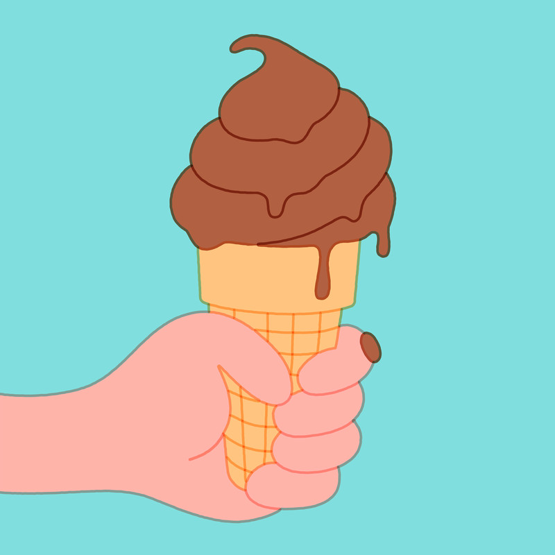A hand holding an ice cream cone filled with brown soft serve. Illustration.