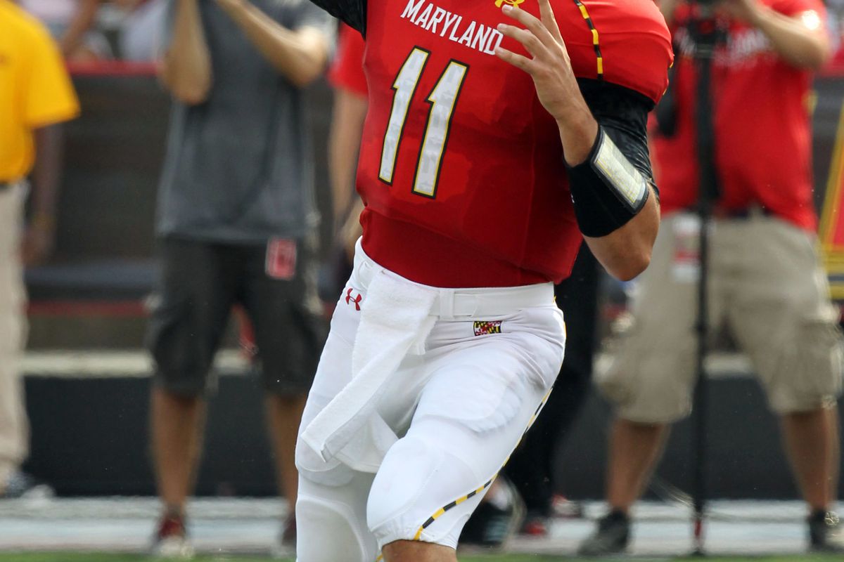 September 1, 2012; College Park, MD, USA;  Maryland Terrapins quarterback Perry Hills (11) looks to pass against the William & Mary Tribe at Byrd Stadium. Mandatory Credit: Mitch Stringer-US PRESSWIRE