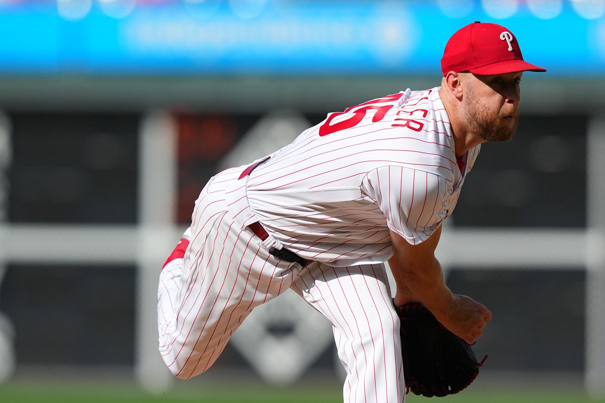 Zack Wheeler of the Philadelphia Phillies throws a pitch against the Washington Nationals during Game One of the doubleheader at Citizens Bank Park on August 8, 2023 in Philadelphia, Pennsylvania. The Phillies defeated the Nationals 8-4.