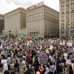 Hundreds of people gather and rally at Congress Plaza Garden North, during a pro-Palestinian protest, Friday, May 21, 2021.