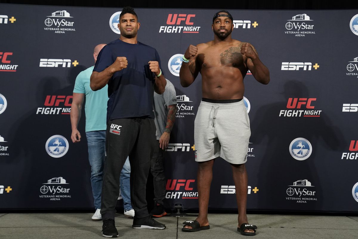 Alistair Overeem and Walt Harris pose for the media during the official UFC Fight Night weigh-in on May 15, 2020 in Jacksonville, Florida.
