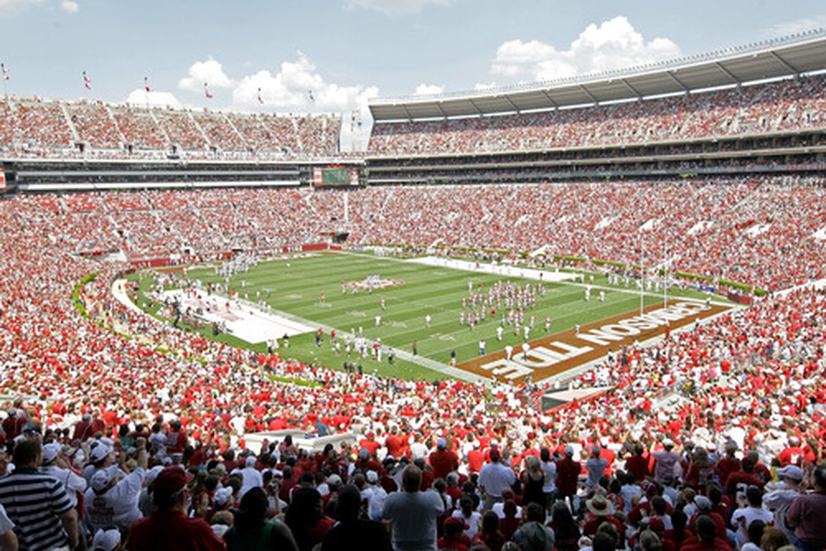TUSCALOOSA, AL - APRIL 17: Some 92,000 pack the Bryant-Denny Stadium during the Alabama Crimson Tide spring game at Bryant Denny Stadium on April 17, 2010 in Tuscaloosa, Alabama. (Photo by Dave Martin/Getty Images)