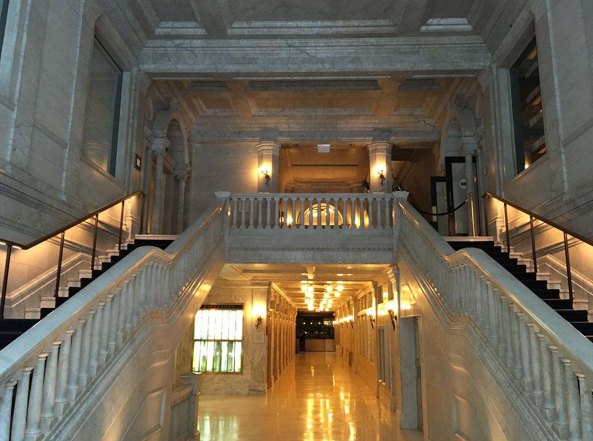 The Gray Hotel’s two-story 1890s-era lobby features marble from floor to ceiling, framing double grand staircases. | Maudlyne Ihejirika/Sun-Times