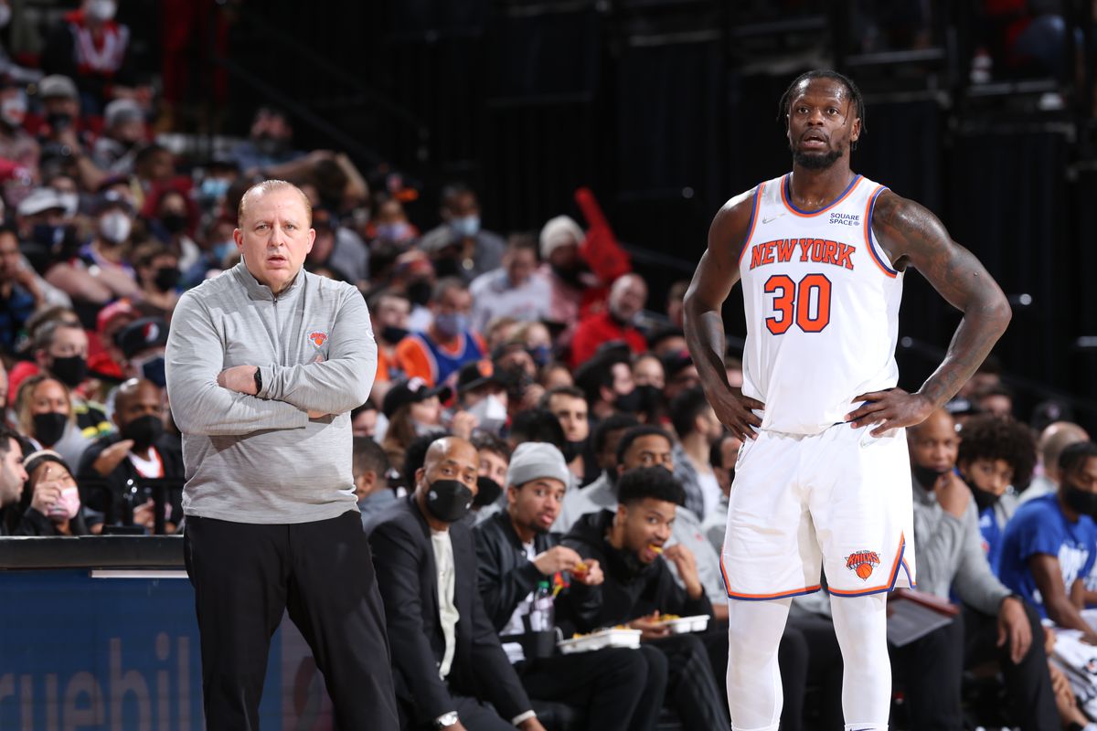 Julius Randle #30 of the New York Knicks and Head Coach Tom Thibodeau of the New York Knicks look on during the game against the Portland Trail Blazers on February 11, 2022 at the Moda Center Arena in Portland, Oregon.