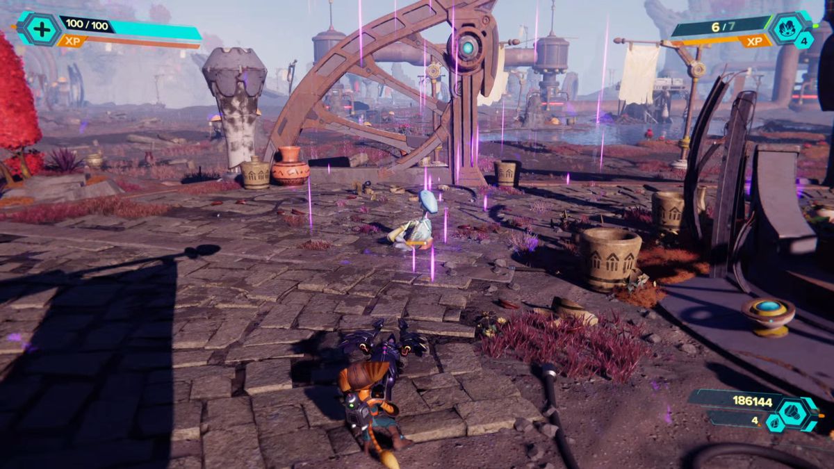 A statue of Bentley in Ratchet &amp; Clank: Rift Apart