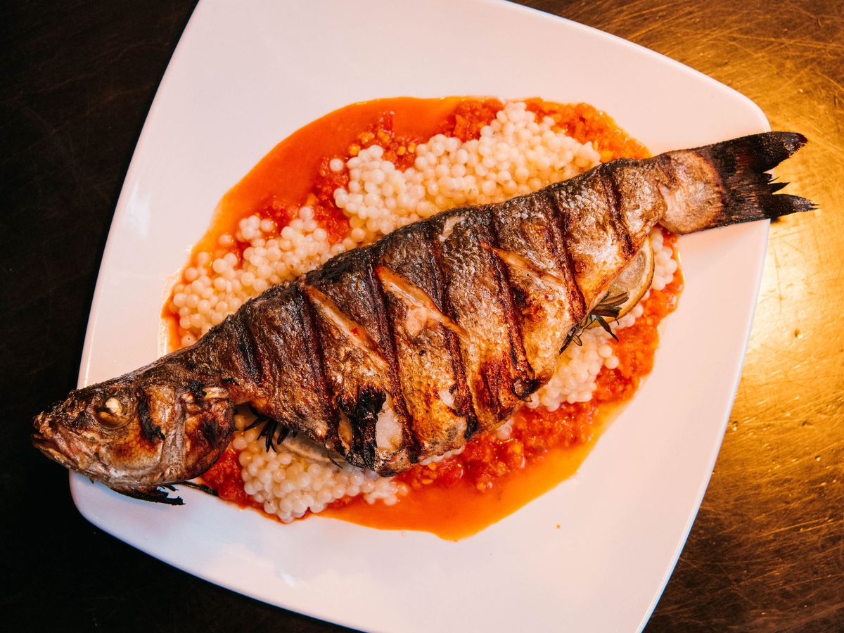 A whole fish in red sauce over couscous on a white plate. 