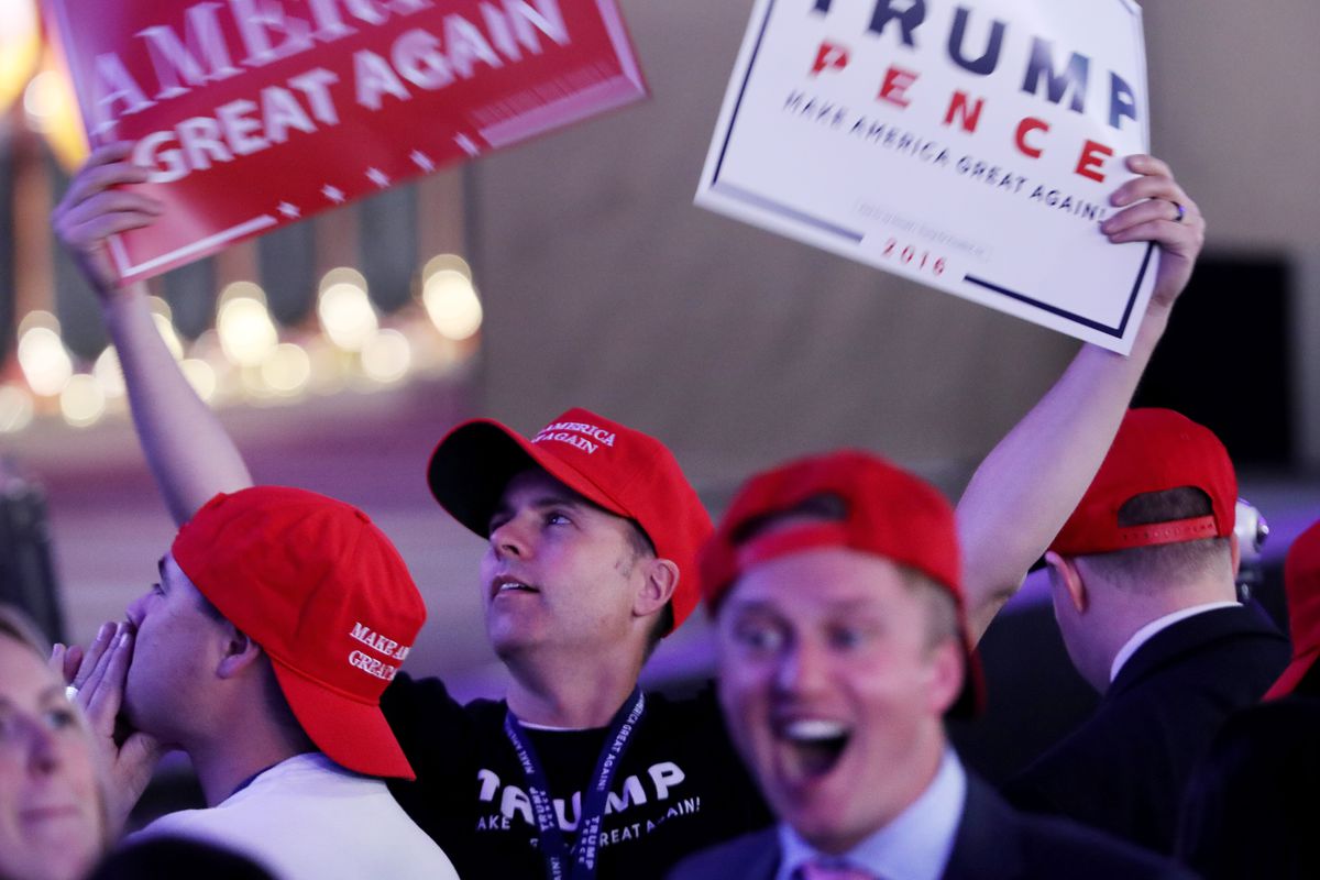 People cheer as voting results come in at Republican presidential nominee Donald Trumps election night event at the New York Hilton Midtown on November 8, 2016, in New York City.