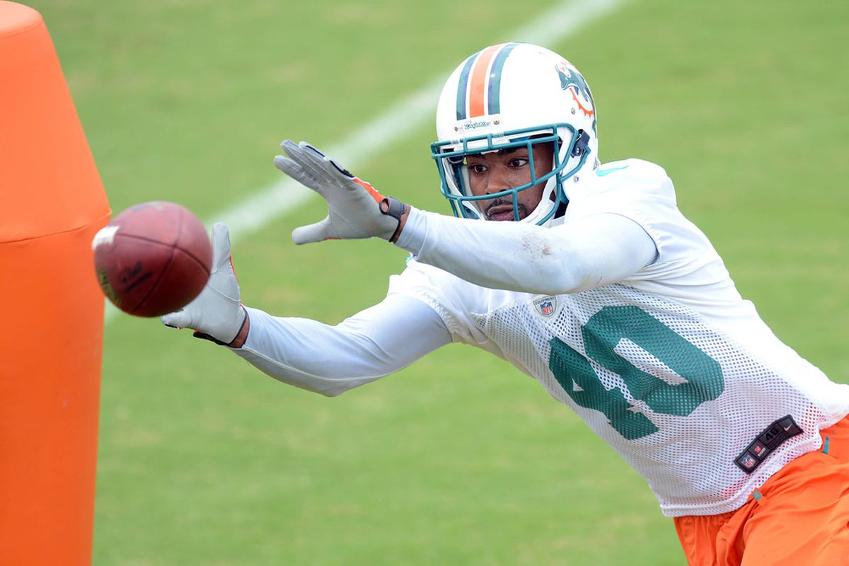 June 19, 2012; Davie, FL, USA; Miami Dolphins fullback Anderson Russell (40) makes a catch during mini camp practice at the Dolphins training facility. Mandatory Credit: Steve Mitchell-US PRESSWIRE