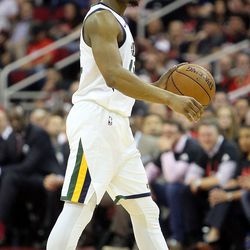 Utah Jazz guard Donovan Mitchell dribbles the ball during Game 5 of the NBA playoffs against the Houston Rockets at the Toyota Center in Houston on Tuesday, May 8, 2018.