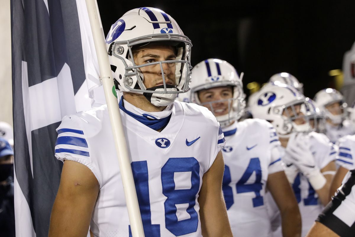 Gunner Romney #18 of the BYU Cougars prepares to take the field before the game against the Houston Cougars at TDECU Stadium on October 16, 2020 in Houston, Texas.