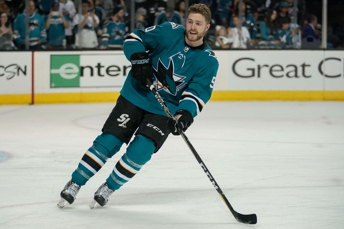 May 6, 2018; San Jose, CA, USA; San Jose Sharks center Chris Tierney (50) warms up before the game against the Vegas Golden Knights in game six of the second round of the 2018 Stanley Cup Playoffs at SAP Center at San Jose.&nbsp;