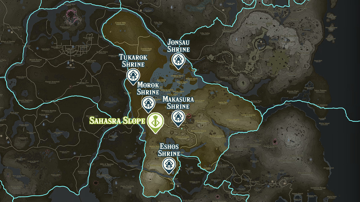 نقشه Zelda Tears of the Kingdom منطقه شیب Sahasra با مکان‌های زیارتگاه مشخص شده است
