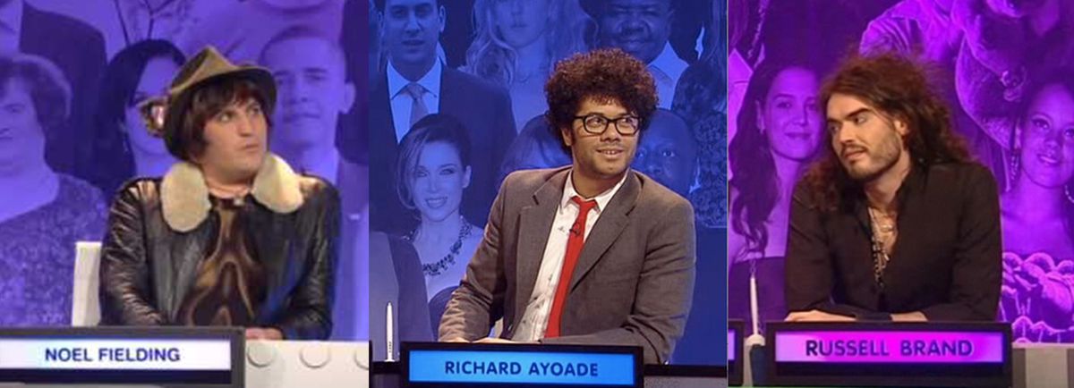 A composite image of Noel Fielding, Richard Ayoade, and Russel Brand on the Big Fat Quiz of the Year