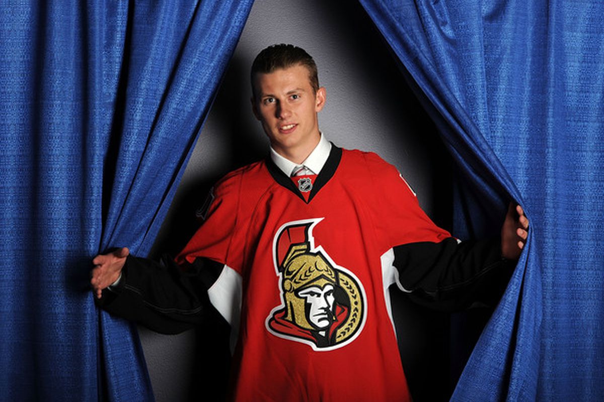 Jakub Culek, the Ottawa Senators third-round draft pick, puts on his best "Oh, what are you doing here?" face for the cameras and the 2010 NHL Entry in Los Angeles, California.