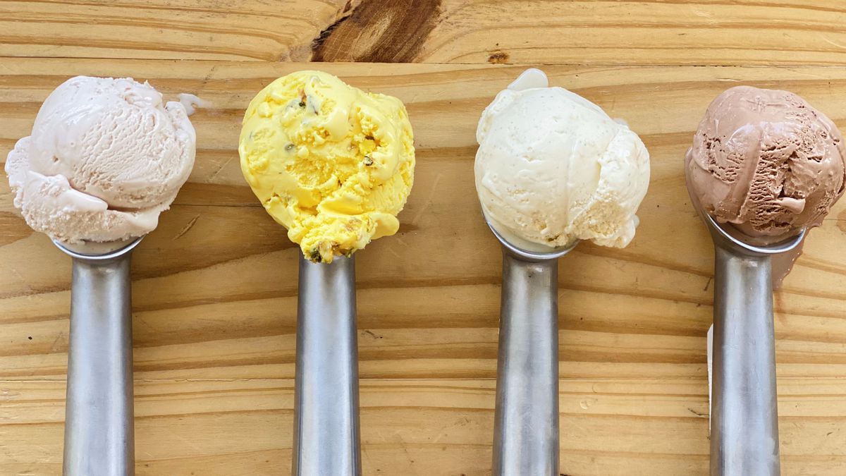 Four scoops of Craft Creamery ice cream, including brisket, Bastani, pho, and chocolate.