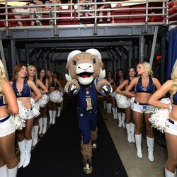 Aug 8, 2014; St. Louis, MO, USA; St. Louis Rams mascot Rampage prepares to take the field before the game against the New Orleans Saints at Edward Jones Dome. Mandatory Credit: Scott Rovak-USA TODAY Sports
