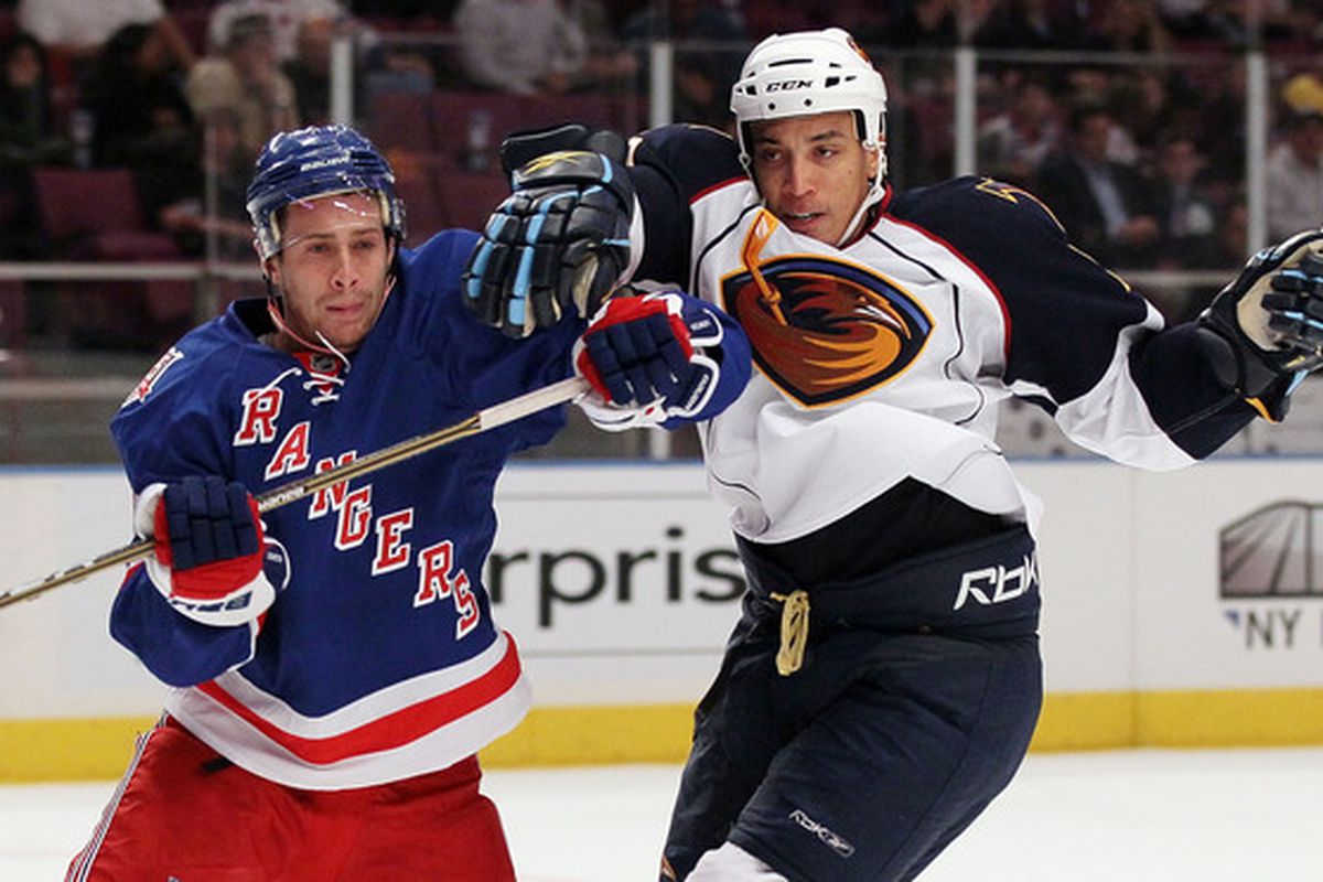 NEW YORK - OCTOBER 27:  Anthony Stewart #22 of the Atlanta Thrashers skates against Matt Gilroy #97 of the New York Rangers on October 27 2010 at Madison Square Garden in New York City.  (Photo by Jim McIsaac/Getty Images)