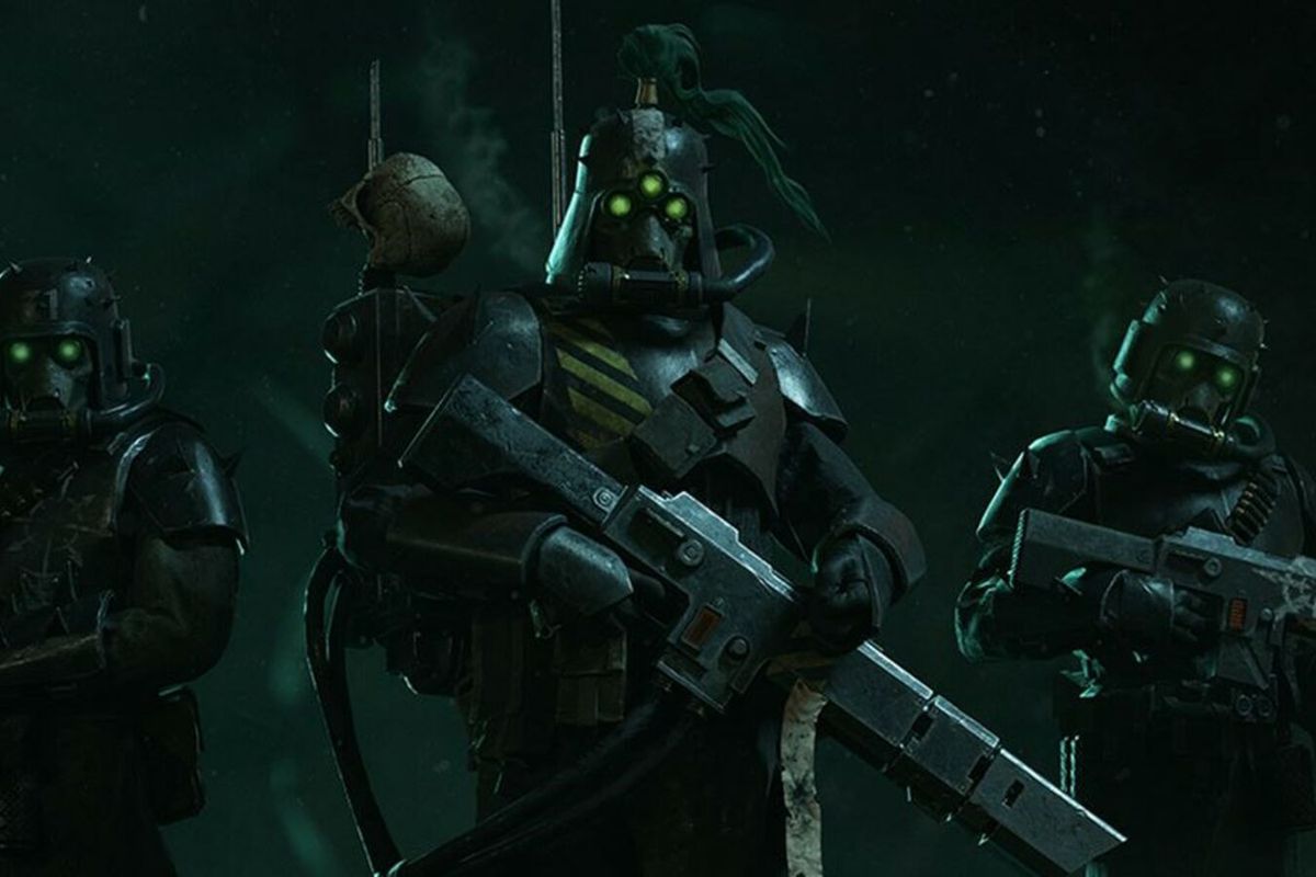 Several  members of the Moebian Sixth grip their rifles and look at the camera in Warhammer 40,000: Darktide