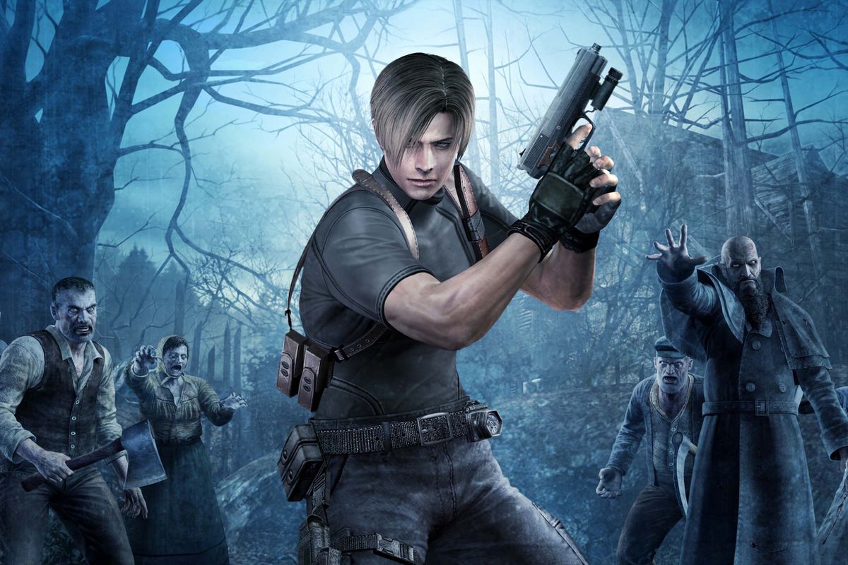 Artwork from Resident Evil 4 featuring Leon surrounded by villagers