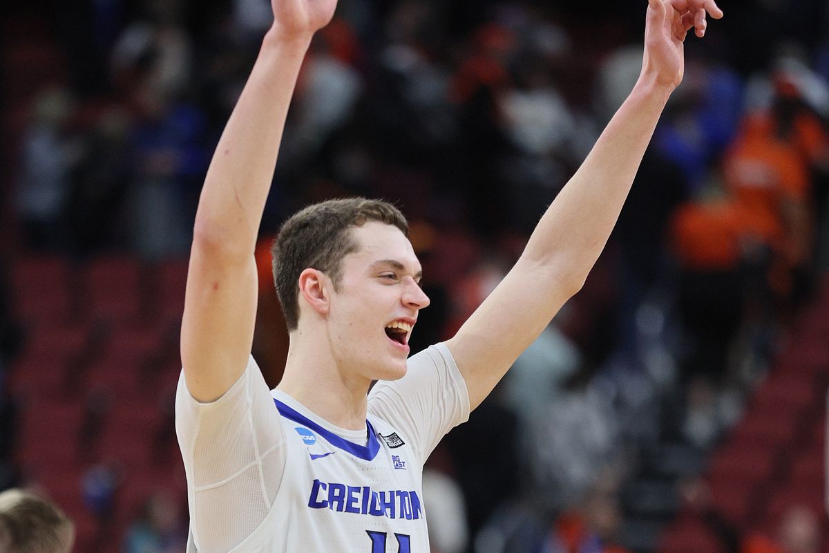 Ryan Kalkbrenner of the Creighton Bluejays celebrates after defeating the Princeton Tigers during the second half in the Sweet 16 round of the NCAA Men’s Basketball Tournament at KFC YUM! Center on March 24, 2023 in Louisville, Kentucky.