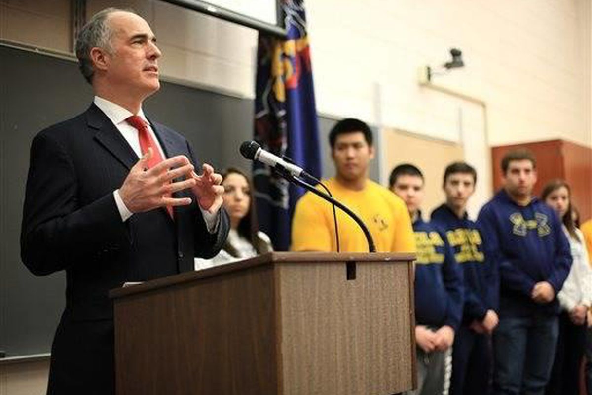 U.S. Sen. Bob Casey (D-PA), talks to Old Forge Jr-Sr High School students and staff Friday, Jan. 30, 2015. Casey and U.S. Sen. Pat Toomey have teamed up to ask the Democratic National Committee to come to Philadelphia for the 2016 convention. 