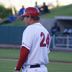 Owlz first-year skipper Bill Richardson manages the game from the third base coach's box during Saturday night's home opener.