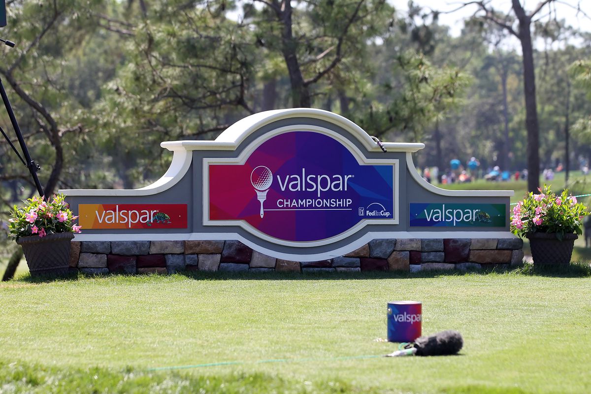 The signage and tee markers with the tournament name, Valspar Championship on them as seen during the first round of the Valspar Championship on March 21, 2019, at Westin Innisbrook-Copperhead Course in Palm Harbor, FL.