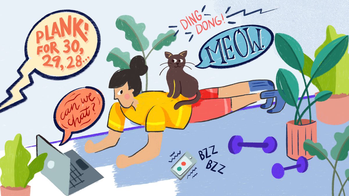 An illustration of a woman trying to do planks in her apartment with a cat on her back and a ringing phone and chat requests coming up on her laptop