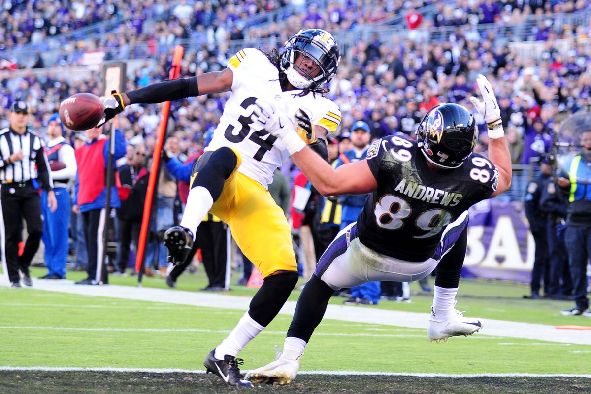 Pittsburgh Steelers S Terrell Edmunds knocks the ball away from Baltimore Ravens TE Mark Andrews in Week 9, Nov. 4, 2018.