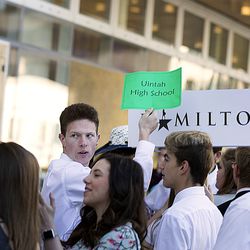 Uintah High School students wait in line to enter the Eccles Theater for a matinee of "Hamilton" in Salt Lake City on Friday, May 4, 2018. More than 2,000 high school students attended the matinee showing and performed their own "Hamilton"-inspired performances followed by a Q&A with the "Hamilton" cast.