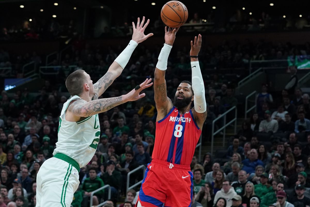 Detroit Pistons forward Markieff Morris shoots against Boston Celtics forward Daniel Theis in the second quarter at TD Garden.