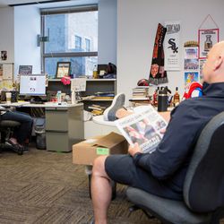 Kaplan, right,  with Executive Producer Danny Zederman before the pre-show meeting. | James Foster/For the Sun-Times
