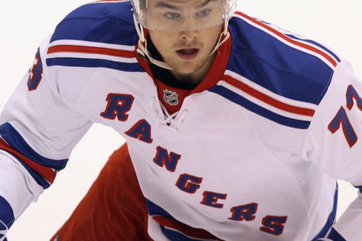 NEWARK, NJ - SEPTEMBER 23: Dylan McIlrath #73 of the New York Rangers skates against the New Jersey Devils during a rookie game at the Prudential Center on September 23, 2011 in Newark, New Jersey.  (Photo by Bruce Bennett/Getty Images)