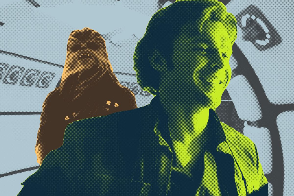A photo illustration of Chewbacca and Alden Ehrenreich in ‘Solo: A Star Wars Story’