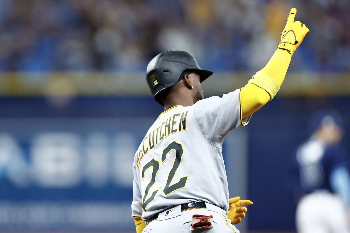 Andrew McCutchen of the Pittsburgh Pirates reacts after hitting a solo home run during the third inning against the Tampa Bay Rays at Tropicana Field on May 03, 2023 in St Petersburg, Florida.