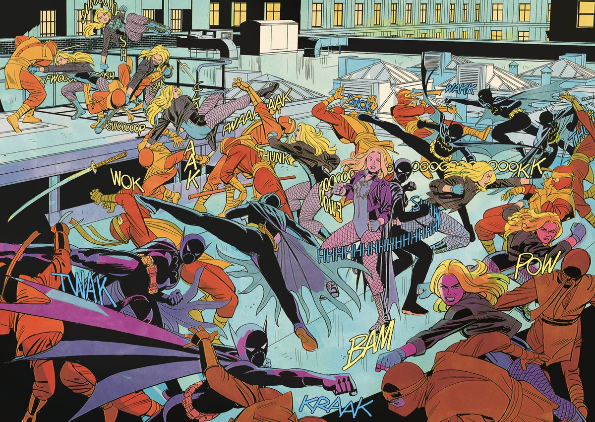 In a complicated two-page spread, Black Canary and Batgirl take one a seemingly infinite number of ninjas. Successive images of them show the fight playing out over time, with color coded sound effects for each of them in Birds of Prey #1 (2023).