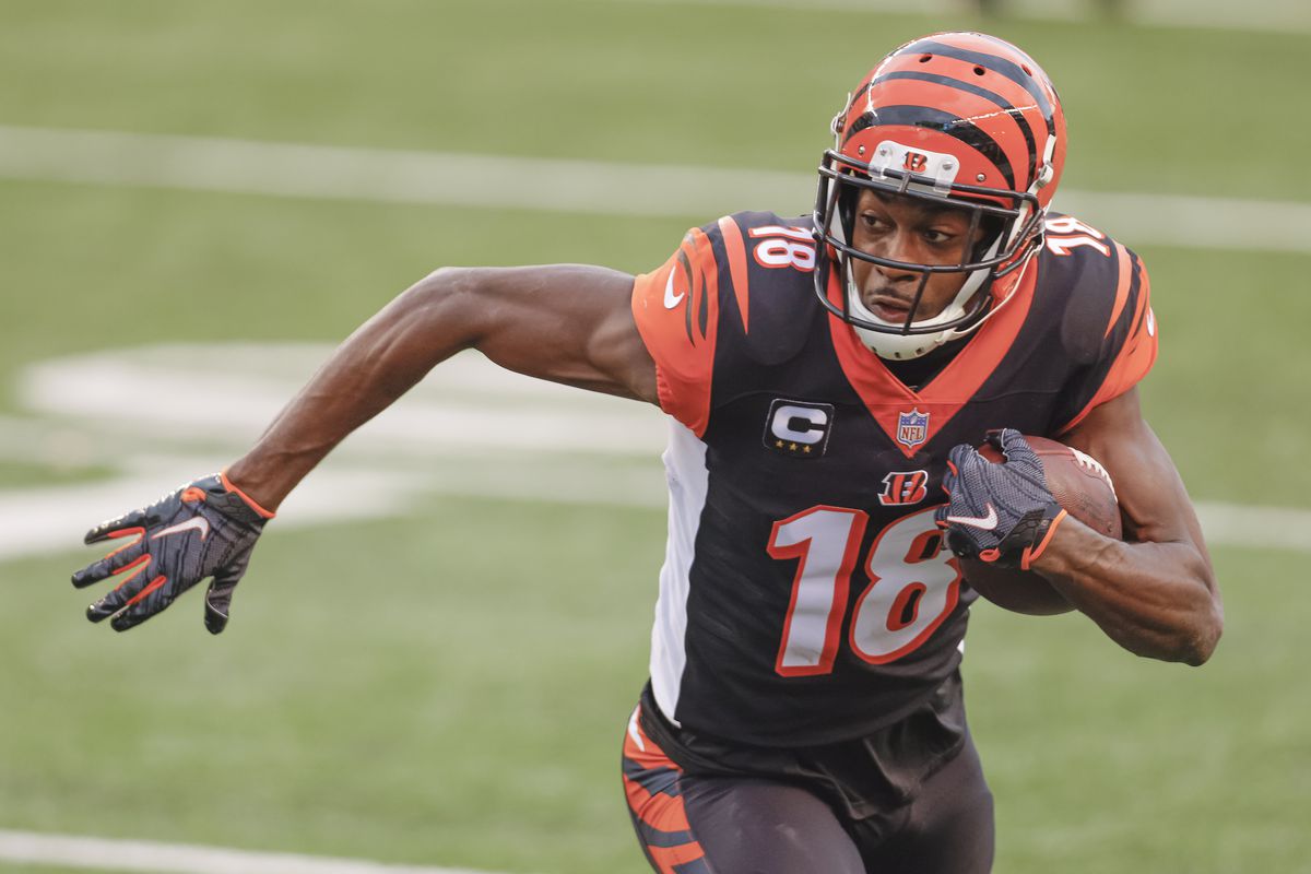 A.J. Green #18 of the Cincinnati Bengals runs the ball during the game against the Dallas Cowboys at Paul Brown Stadium on December 13, 2020 in Cincinnati, Ohio.