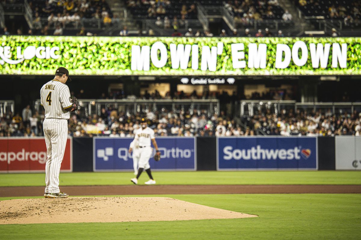 Blake Snell of the San Diego Padres stands on the mound after a strikeout in the second inning against the Colorado Rockies on September 19, 2023 at Petco Park in San Diego, California.