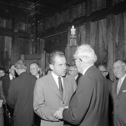 Vice President Richard Nixon chats with LDS Church President David O. McKay at the Church Administration Building on Oct. 10, 1960; Elder Howard W. Hunter can be partially seen speaking to Elder Ezra Taft Benson.
