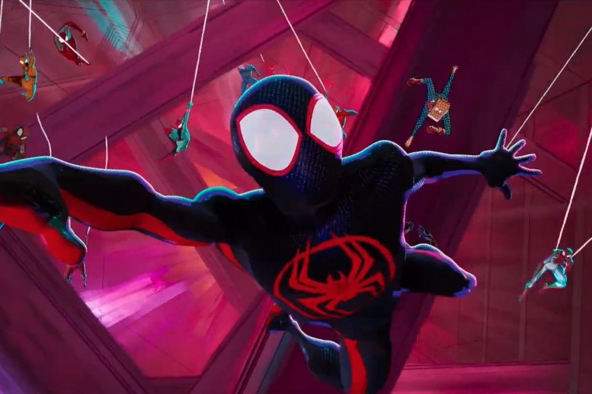 Miles Morales from Spider-Man: Across the Spider-Verse fall toward the camera in his black costume