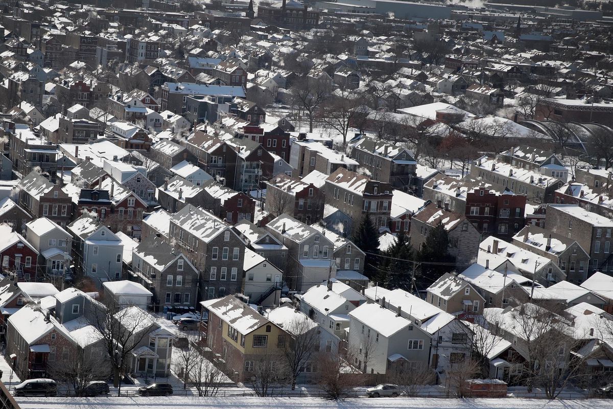 Snow and ice covers the rooftops of homes as temperatures during the past two days have dipped to lows around -20 degrees on January 31, 2019 in Chicago, Illinois.