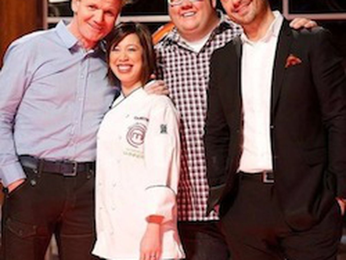 Chef Christine Ha standing with MasterChef hosts Gordon Ramsey,&nbsp;Graham Elliot, and Joe Bastianich.