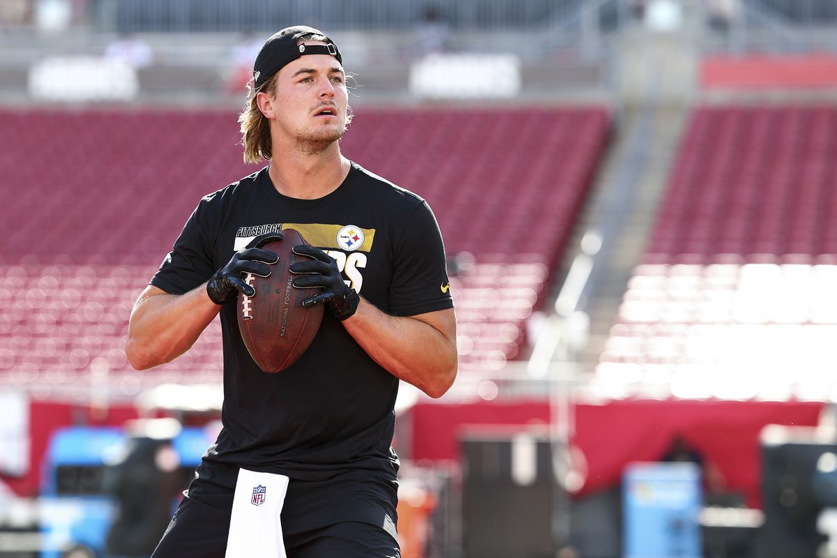 Kenny Pickett #8 of the Pittsburgh Steelers warms up prior to an NFL preseason football game against the Tampa Bay Buccaneers at Raymond James Stadium on August 11, 2023 in Tampa, Florida.