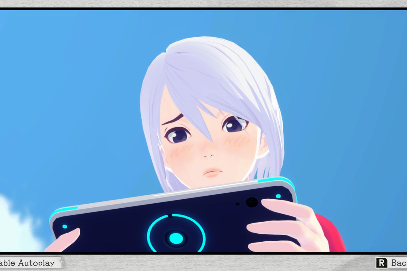 A screenshot from the Nintendo Switch game Another Code: Recollection in which a young girl looks at a tablet that looks like a Switch.