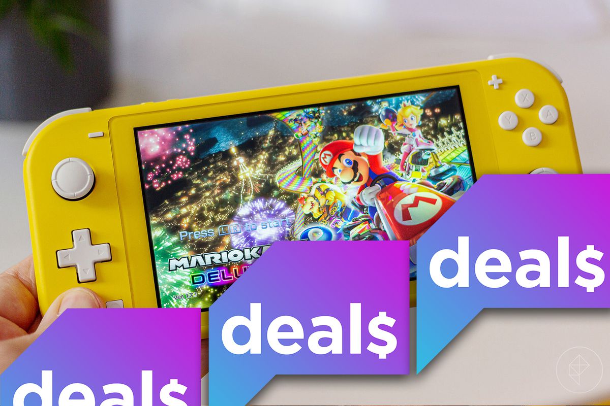A hand holding a yellow Switch Lite overlaid with the Polygon Deals logo
