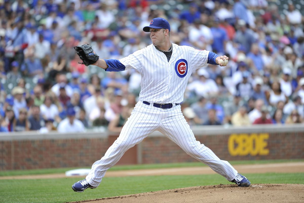 Starting pitcher Paul Maholm of the Chicago Cubs delivers in the first inning against the Houston Astros at Wrigley Field in Chicago, Illinois.  (Photo by Brian Kersey/Getty Images)