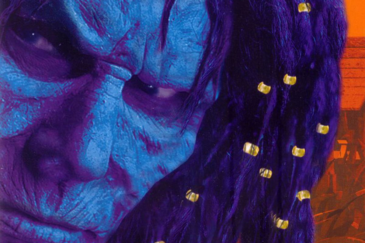 Cover art from Planescape: Torment shows a blue dude with gold-clasped locs.