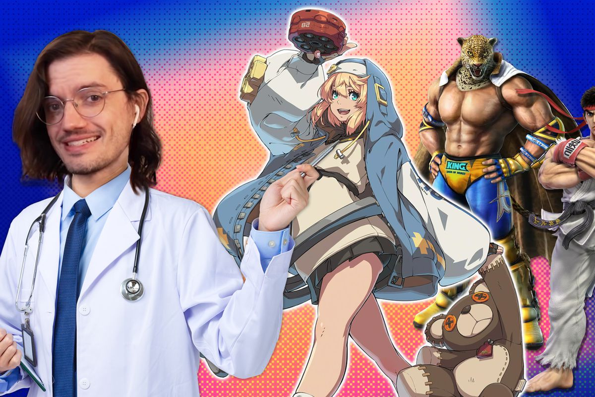 Polygon video producer Patrick Gill has been photoshopped into a smart doctors coat. He points at a lineup of fighting game characters. From left to right, they are Guilty Gear’s Bridget (a young woman dressed in a streetwear remix of a nun’s habit), Tekken’s King (a large muscular man with a jaguar’s head), and Street Fighter’s Ryu (A broad shouldered man in a ripped gi wearing a red headband).