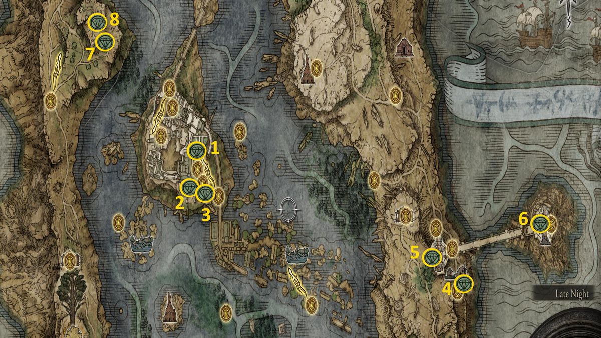Elden Ring map showing Talisman locations in central Liurnia.