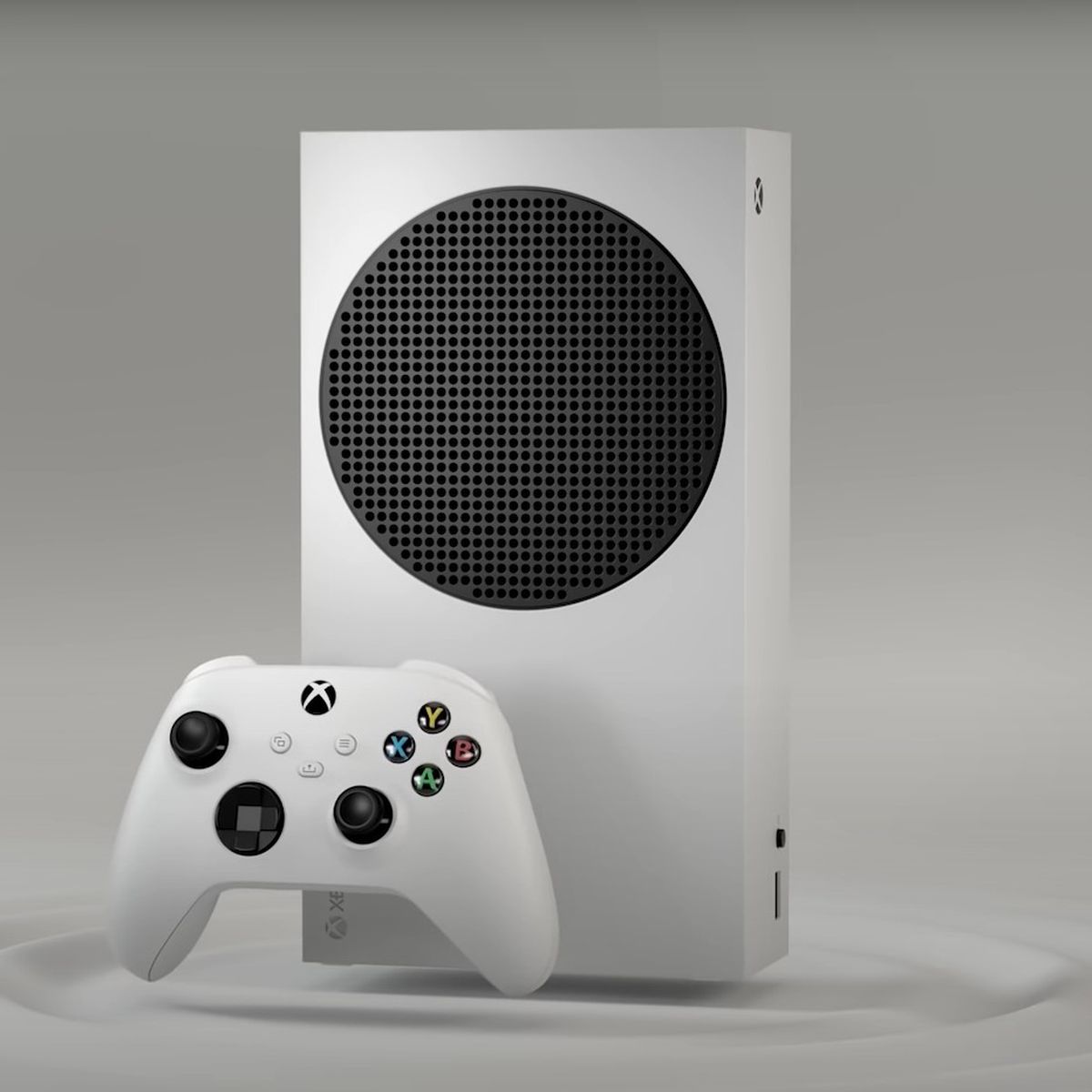 Xbox Series S front view with controller floating in front of it